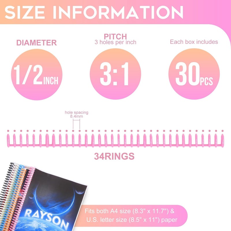 RAYSON Click Binding Spines, 34-Hole Click Binding Ring for A4 and U.S. Letter Size Paper, Multi-Color, 1/2" Diameter, 3:1 Pitch, Binds Up to 90 Sheets, 30 Pack - Image 2